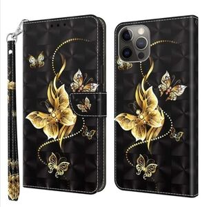 iPhone Wallet Phone Case For iPhone 14 Faux Leather Black and Gold